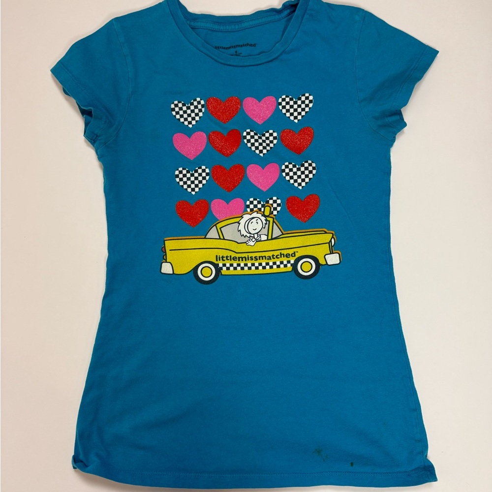 Little Miss Matched Blue Tee with Car and Hearts